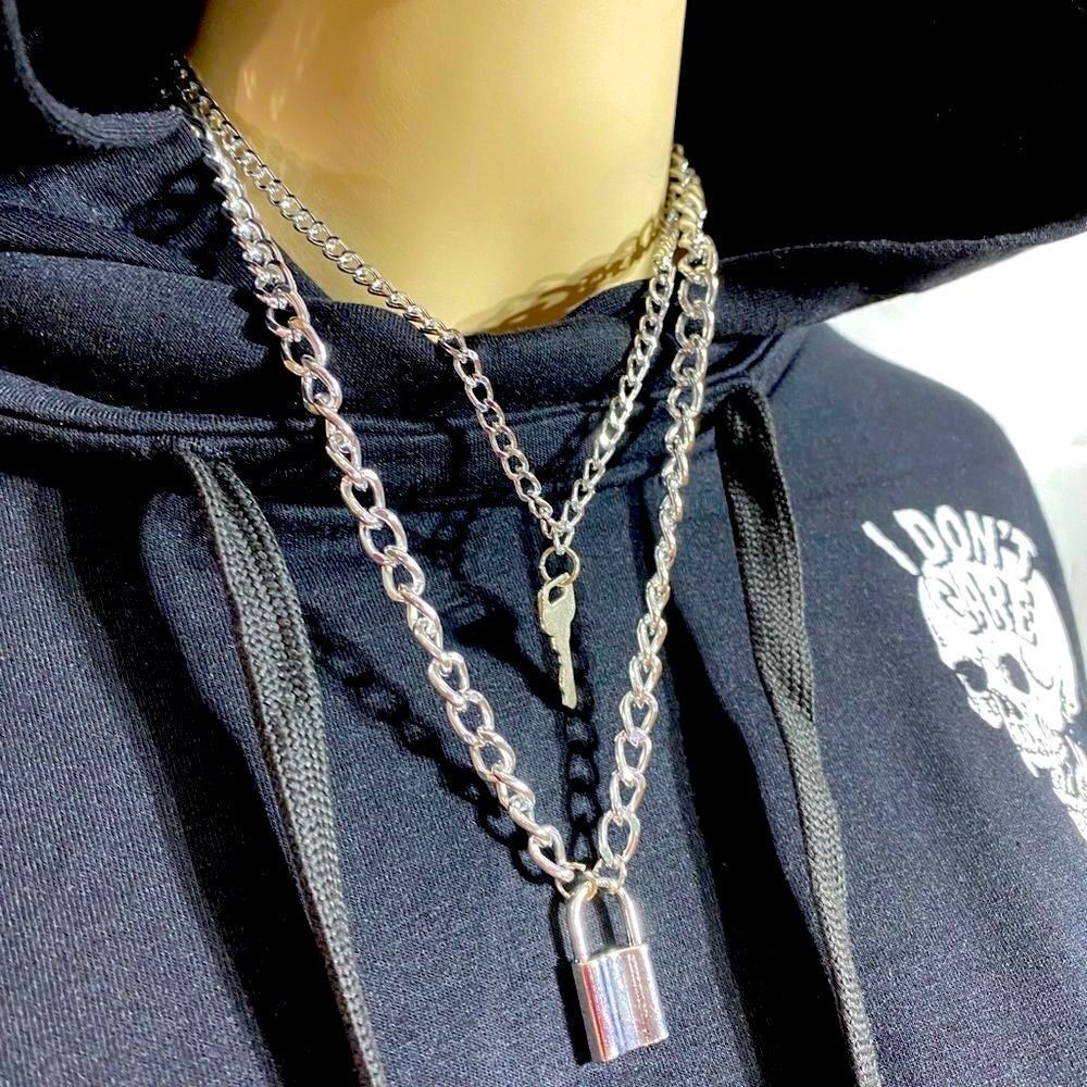 Multi Layering Silver Curb Chain Key & Lock Charming Necklace
